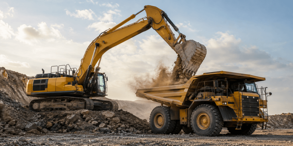 Construction machinery working at a job site for hydraulic component applications