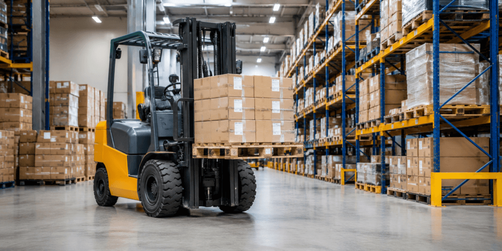 Forklift handling pallets in a warehouse for material handling applications