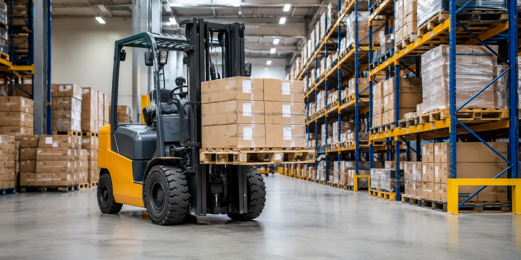 Forklift handling pallets in a warehouse for material handling applications
