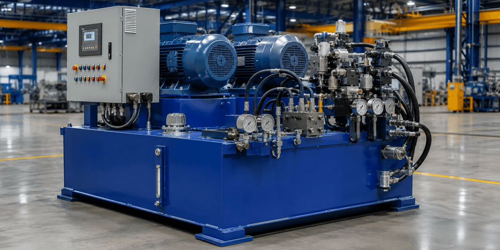 Hydraulic power unit installed in an industrial workshop