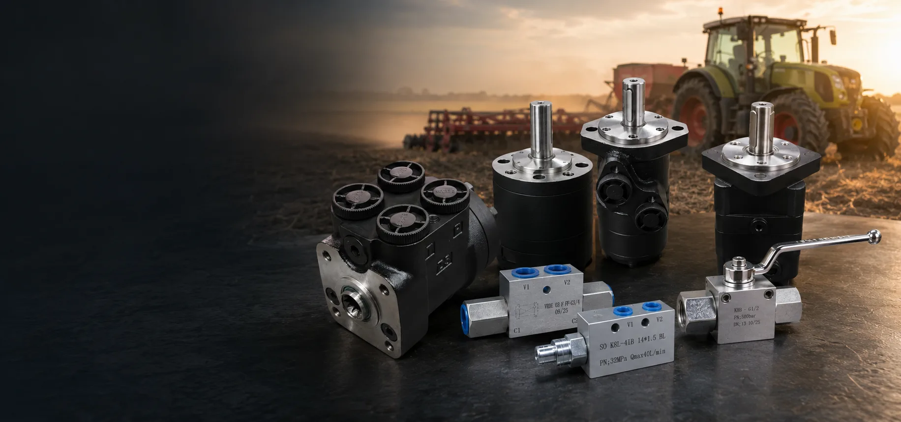Hydraulic motors steering units and valves for agricultural machinery