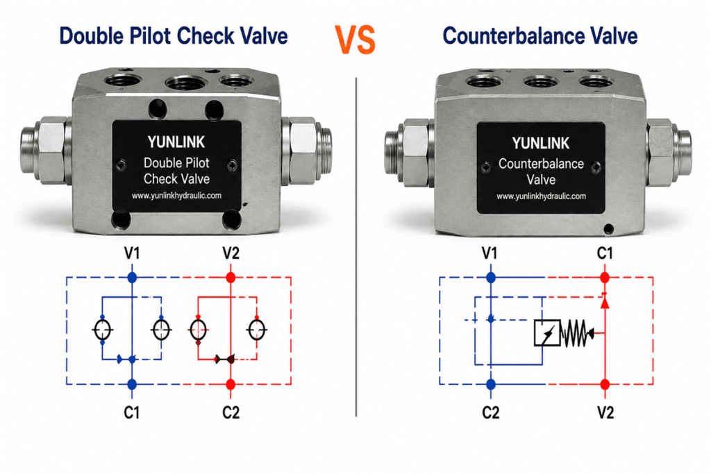 Double pilot check valve vs counterbalance valve comparison