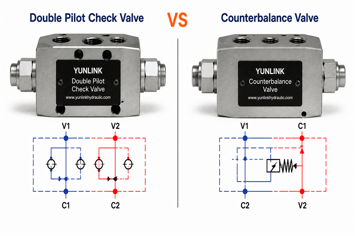 Double pilot check valve vs counterbalance valve comparison