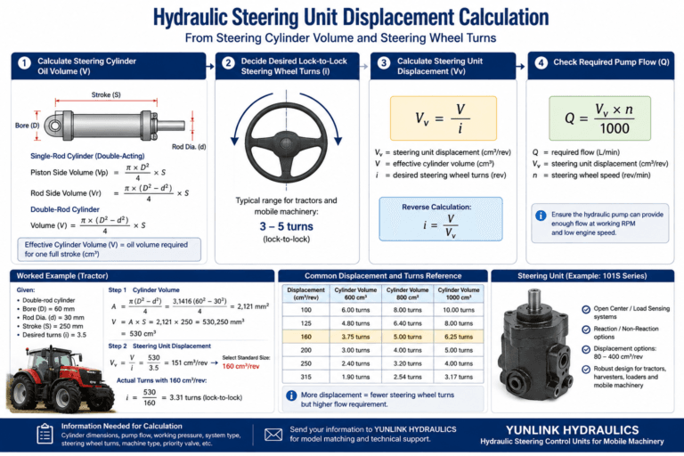 Hydraulic steering unit displacement calculation using cylinder volume and steering wheel turns